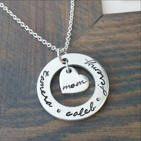 Personalized Necklace for Mom Cutout Disc With Heart Charm.