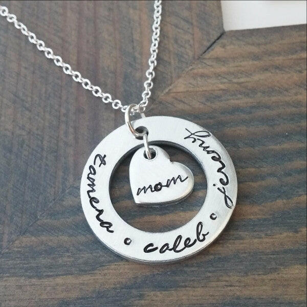 Personalized Necklace for Mom Cutout Disc With Heart Charm