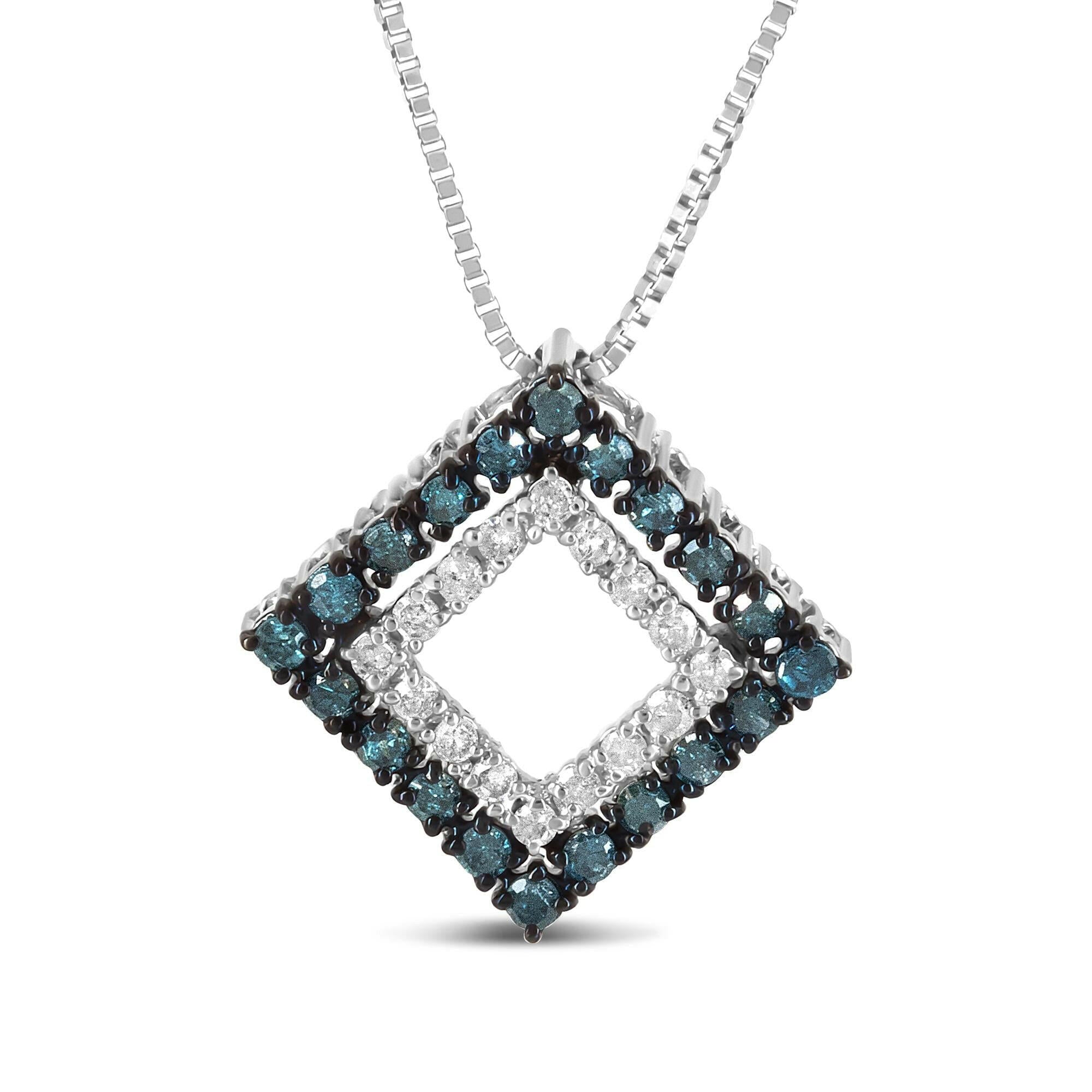 .925 Sterling Silver 1/2 Cttw Blue /White Diamond Rhombus 18" Pendant Necklace