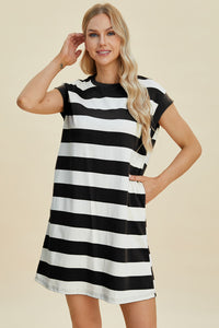 Basic Bae Full Size Striped Round Neck Cap Sleeve Mini Dress.