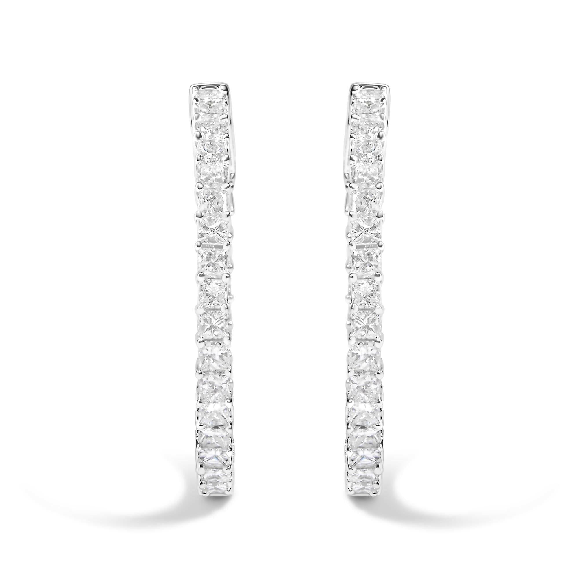 14K White Gold Natural Princess Cut Diamond Inside Out Hoop Earrings (G-H Color, SI2-I1 Clarity).