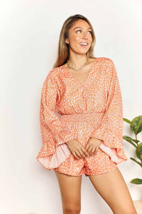 Double Take Printed Flare Sleeve Surplice Romper.