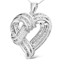 .925 Sterling Silver 1 1/4 Cttw Round Diamond Ribbon Weave Heart Pendant 18".