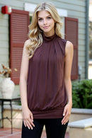 High Neck Pleated Top With Waistband.