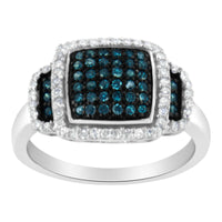 Black Rhodium Plated .925 Sterling Silver 1/2 Cttw White & Blue Diamond Square Halo Cocktail Ring (Fancy Blue & H-I Colo.