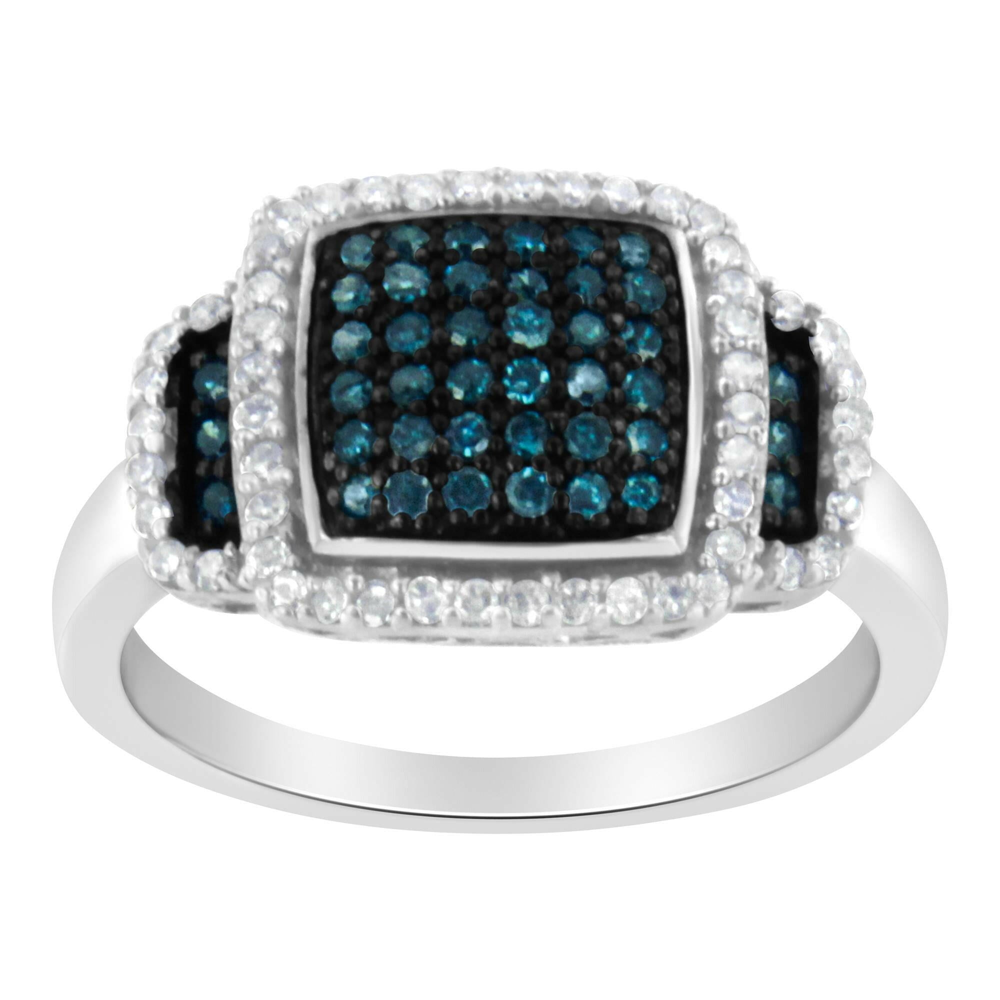 Black Rhodium Plated .925 Sterling Silver 1/2 Cttw White & Blue Diamond Square Halo Cocktail Ring (Fancy Blue & H-I Colo