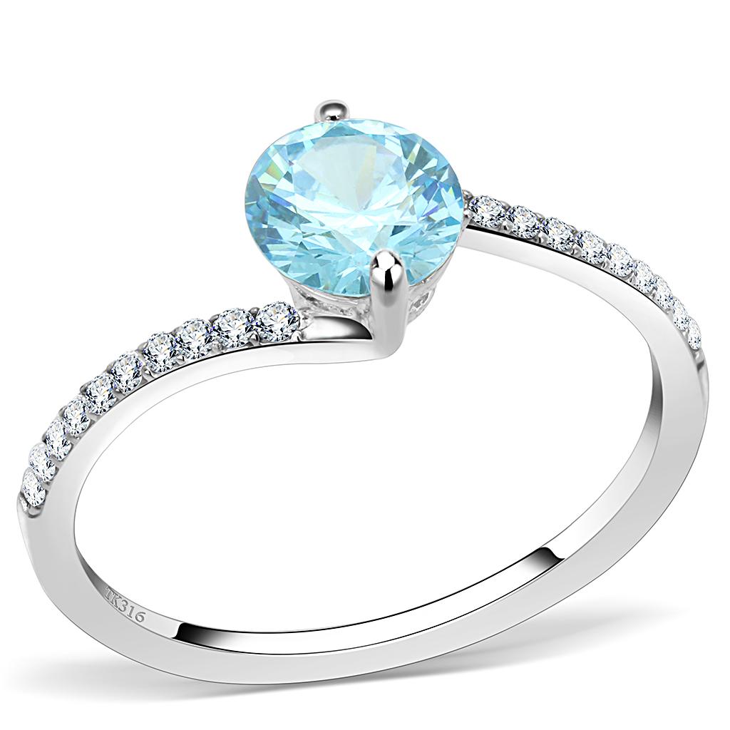 High Polished (No Plating) Stainless Steel Ring With AAA Grade CZ in Sea Blue