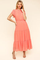 Haptics Full Size Tiered Frill Mock Neck Short Sleeve Dress.