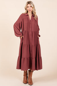 Mittoshop Tiered Button Down Long Sleeve Midi Dress.