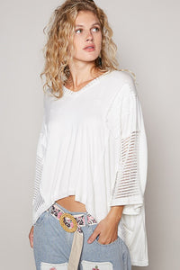 POL High-Low Contrast V-Neck Top.