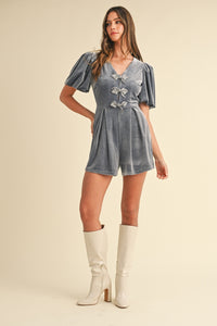 Mable Jewel Bow Decor Puff Sleeve Velvet Romper.