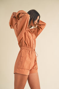 Mable Snap Down Long Sleeve Hooded Romper.