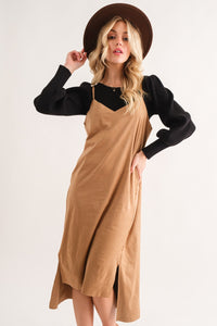 And The Why Faux Suede Cut Edge Slit Cami Midi Dress.