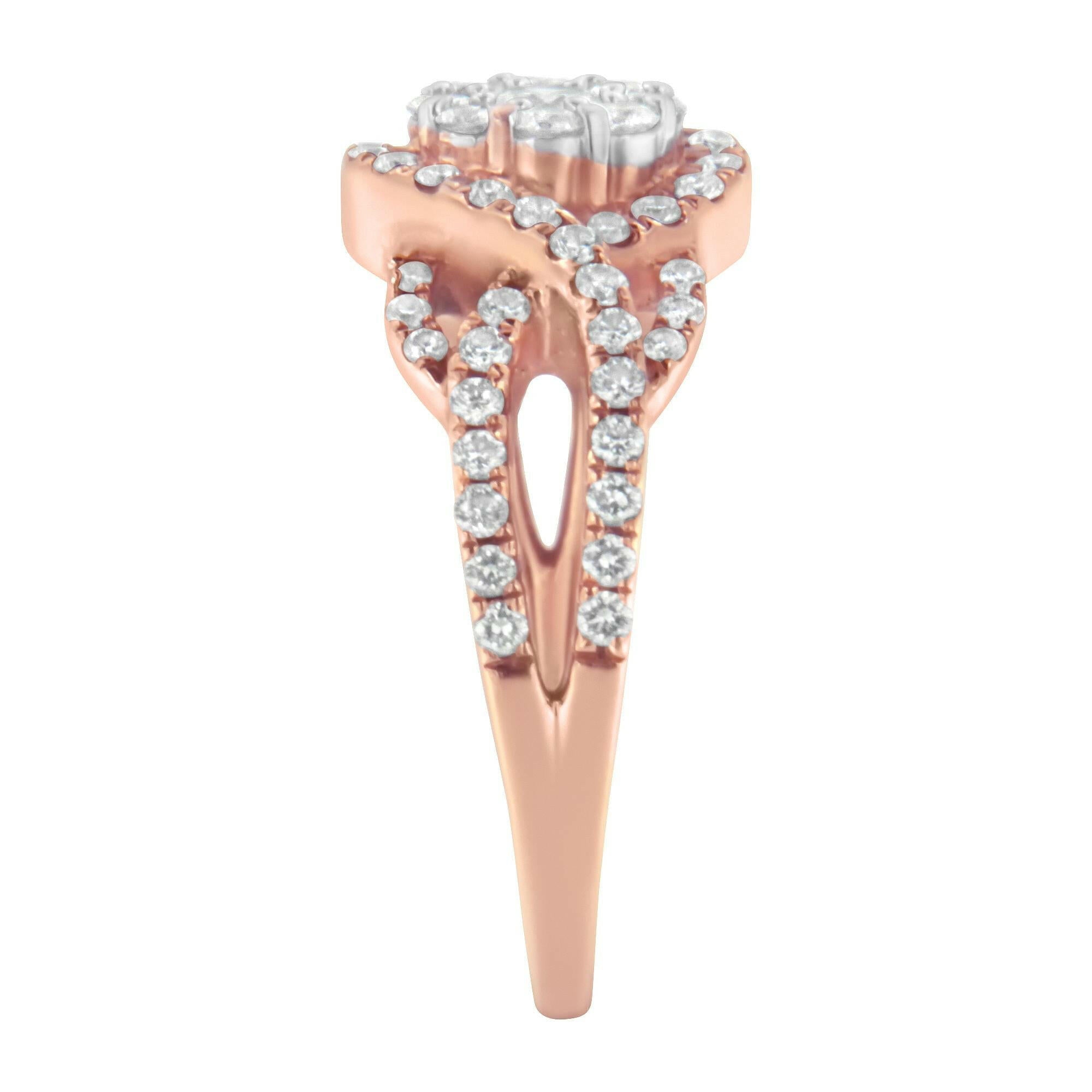 10K Rose Gold 3/4 Cttw Diamond Floral Cluster Head and Twisted Shank Cocktail  Ring (H-I Color, SI1-SI2 Clarity)-.