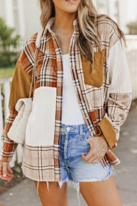 Sutton Plaid Color Block Patchwork Shirt Jacket With Pocket.