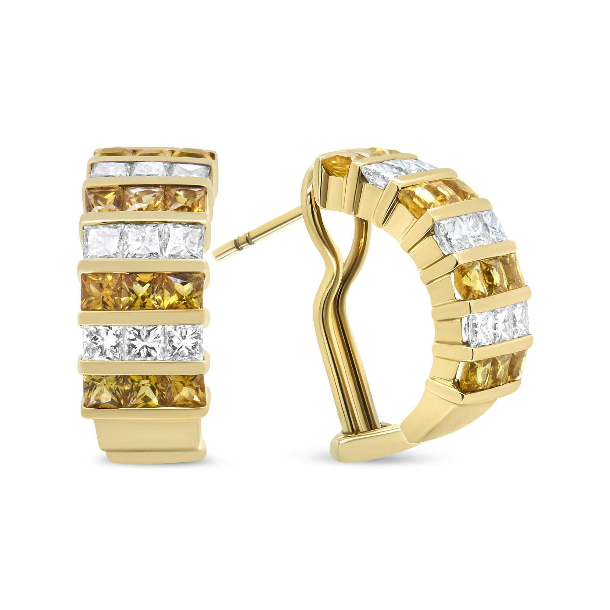 18K Yellow Gold 1 3/4 Cttw Invisible Set Princess Cut Diamond and 2.5mm Yellow Sapphire Huggie Hoop Earrings (F-G Color,