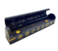 Incense Burner Wooden Box ~ Chakra Design Ash Catcher With Storage.