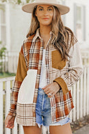 Sutton Plaid Color Block Patchwork Shirt Jacket With Pocket.