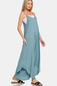 Zenana Spaghetti Strap Wide Leg Overalls with Pockets.