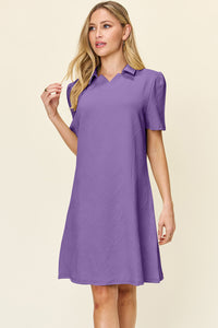 Double Take Full Size Texture Collared Neck Short Sleeve Dress.