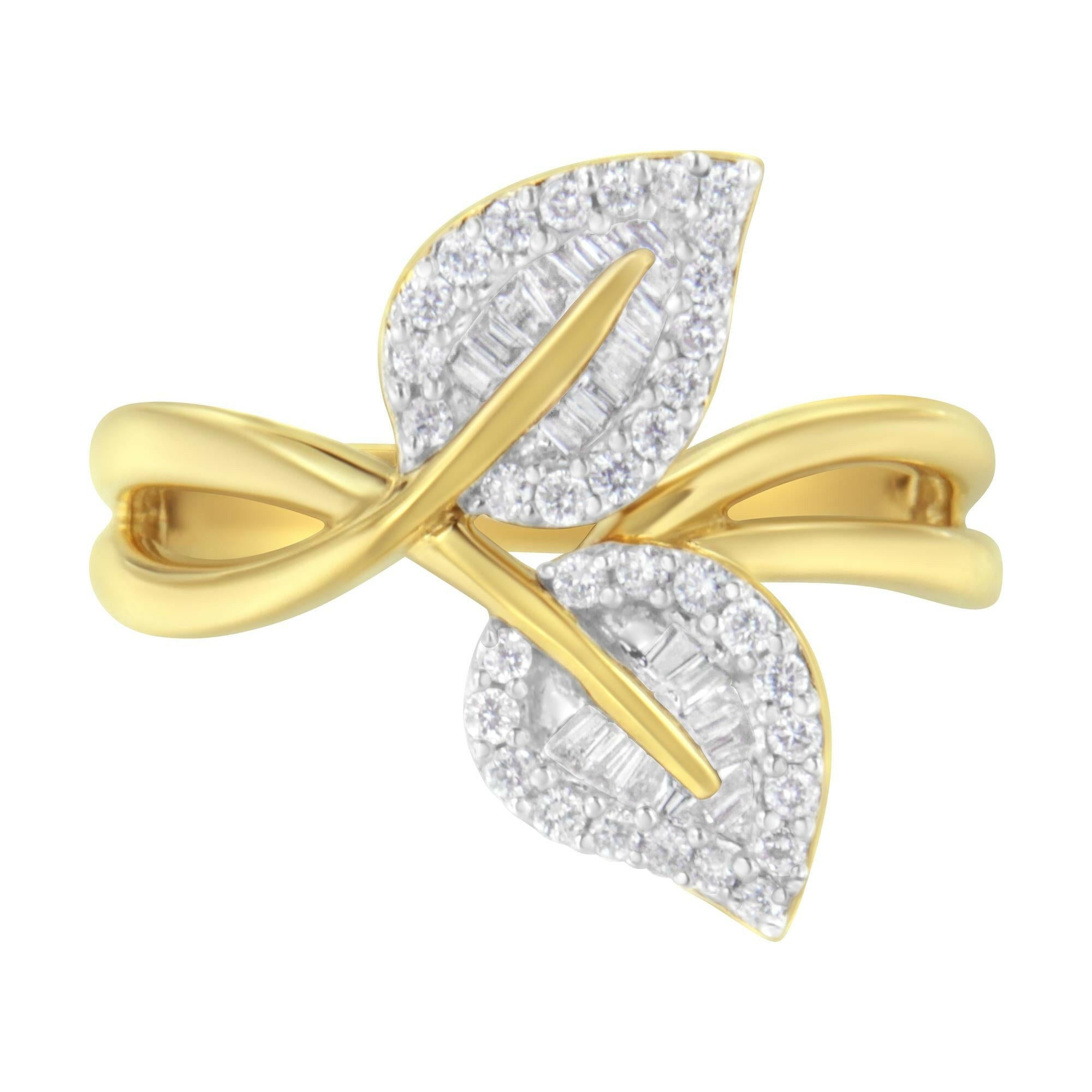 10K Yellow Gold 3/8 Cttw Round and Baguette-Cut Diamond Leaf Cocktail Ring (I-J Color, I1-I2 Clarity).