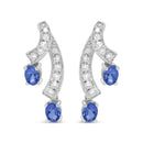 14K White Gold 4x3MM Oval Shaped Natural Blue Tanzanite Gemstone and 1/5 Cttw Diamond Double 3/4" Inch Drop Stud Earring.