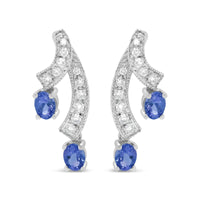 14K White Gold 4x3MM Oval Shaped Natural Blue Tanzanite Gemstone and 1/5 Cttw Diamond Double 3/4" Inch Drop Stud Earring.