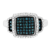 Black Rhodium Plated .925 Sterling Silver 1/2 Cttw White & Blue Diamond Square Halo Cocktail Ring (Fancy Blue & H-I Colo.