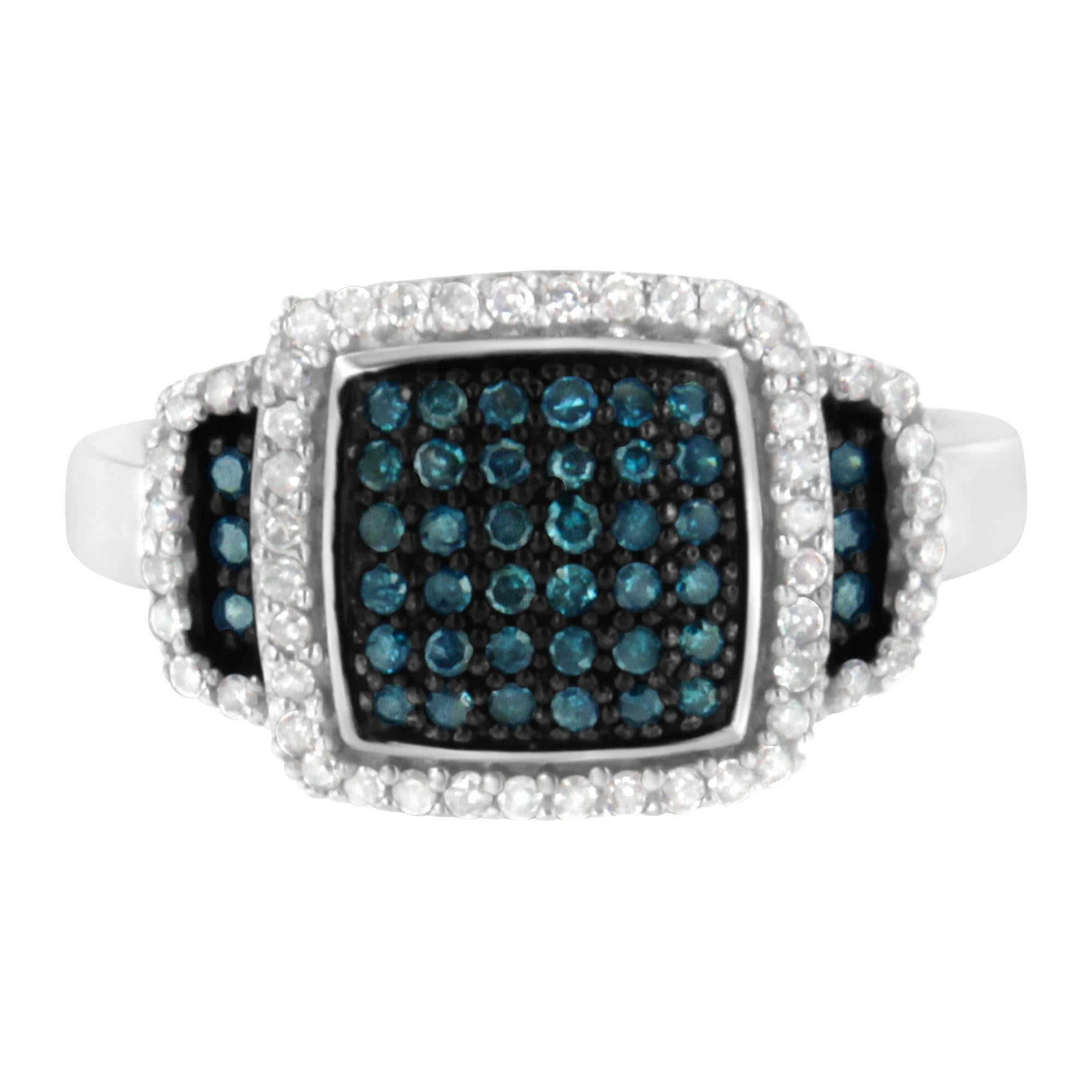 Black Rhodium Plated .925 Sterling Silver 1/2 Cttw White & Blue Diamond Square Halo Cocktail Ring (Fancy Blue & H-I Colo