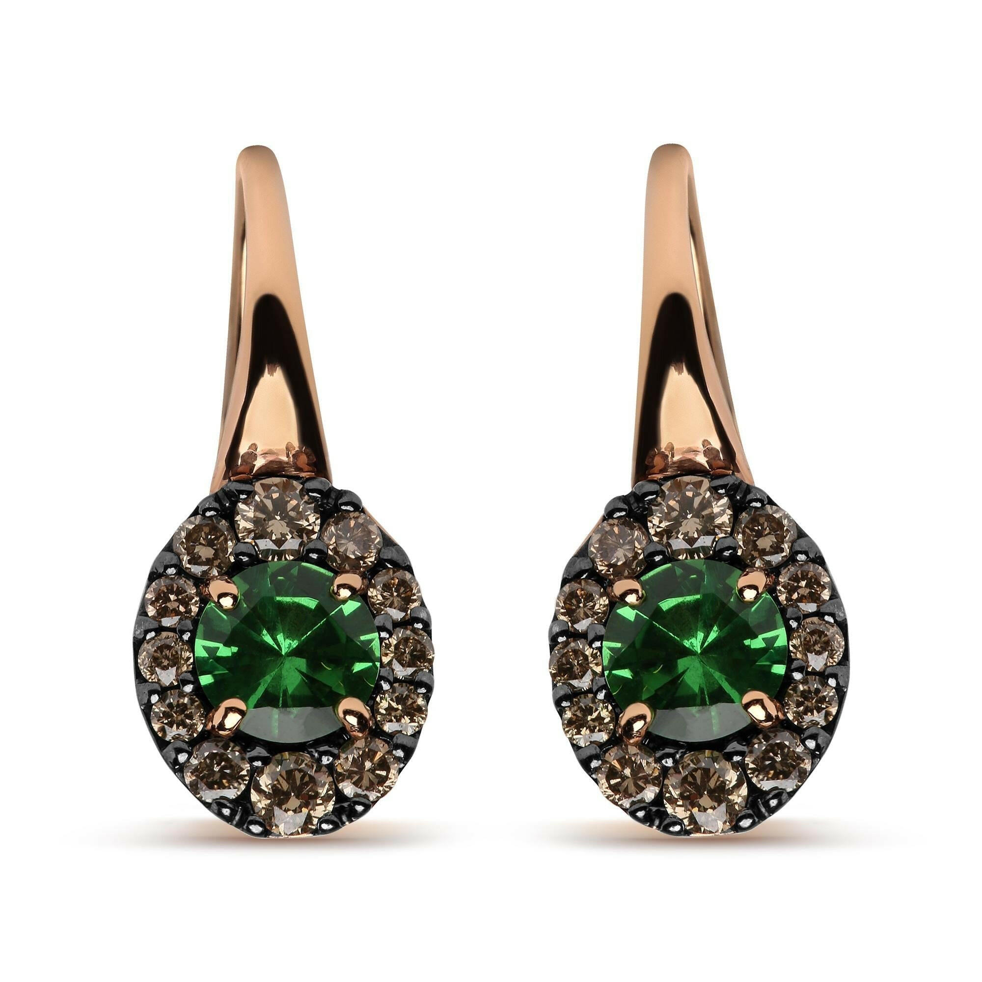 18K Rose and White Gold 3/8 Cttw Round Brown Diamonds and Round Green Tsavorite Gemstone Halo Drop Hoop Earrings (Brown