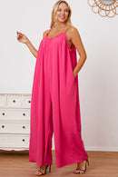 Double Take Full Size Ruffle Trim Tie Back Cami Jumpsuit with Pockets.