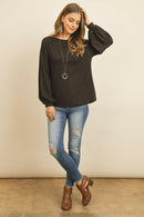 Puff Sleeved Boat Neck Two Toned Brushed Hacci Top