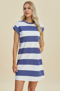 Basic Bae Full Size Striped Round Neck Cap Sleeve Mini Dress.