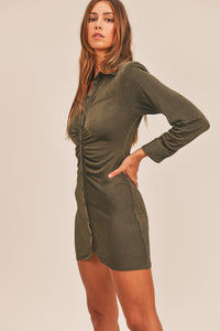 MABLE Front Ruched Button-Down Skinny Mini Shirt Dress.