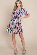 BOMBOM Ruched Color Block Short Sleeve Mini Dress.