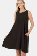 Zenana Full Size Sleeveless Flared Dress with Side Pockets.