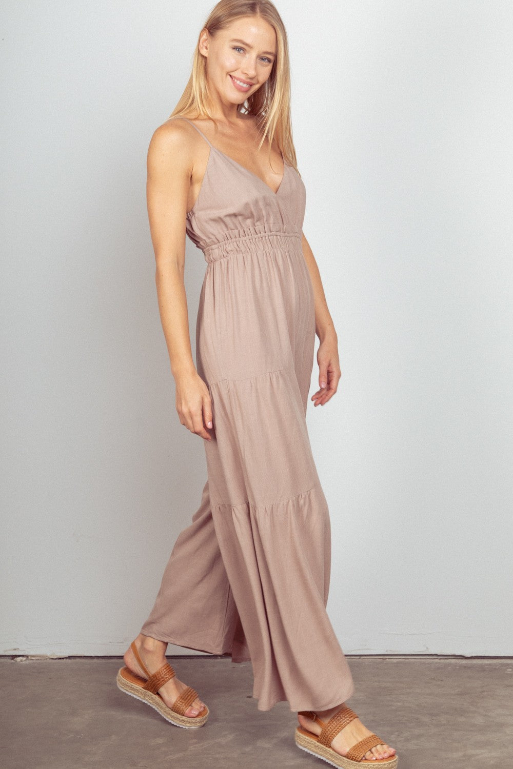 VERY J Sleeveless Ruched Wide Leg Jumpsuit.