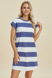 Basic Bae Full Size Striped Round Neck Cap Sleeve Mini Dress.