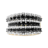 14K Yellow Gold Plated .925 Sterling Silver 1 3/4 Cttw Treated Black and White Alternating Diamond Multi Row Band Ring (.