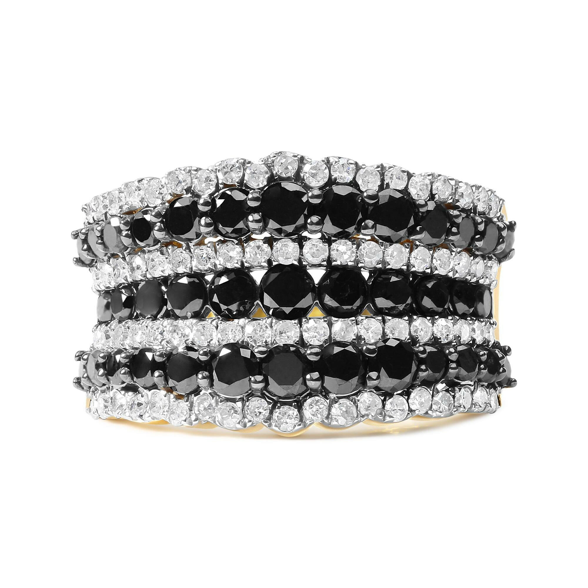 14K Yellow Gold Plated .925 Sterling Silver 1 3/4 Cttw Treated Black and White Alternating Diamond Multi Row Band Ring (