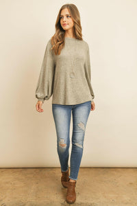 Puff Sleeved Boat Neck Two Toned Brushed Hacci Top.